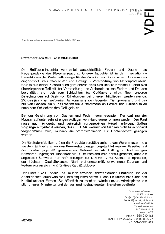 Déclaration du VDFI du 20.08.2009 - page 1